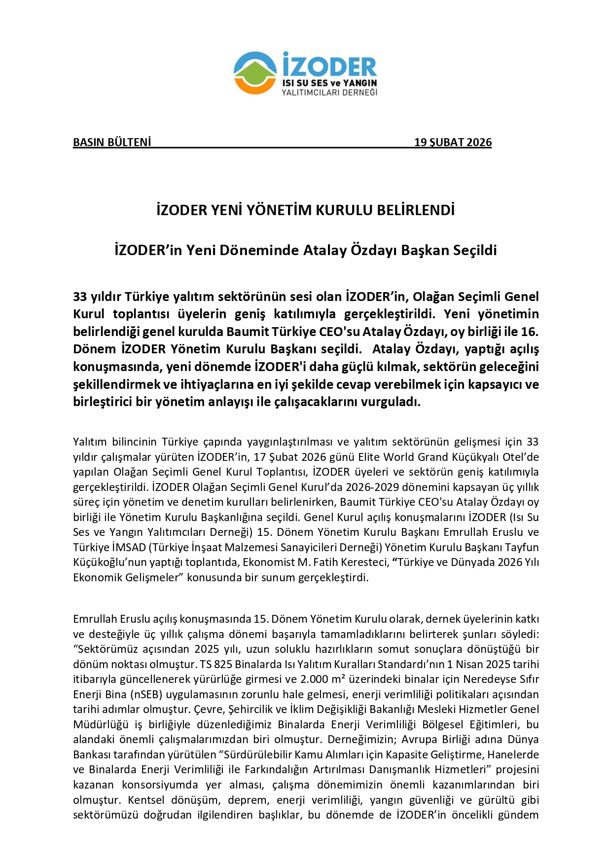 İZODER Yeni Yönetim Kurulu Belirlendi Basın Bülteni